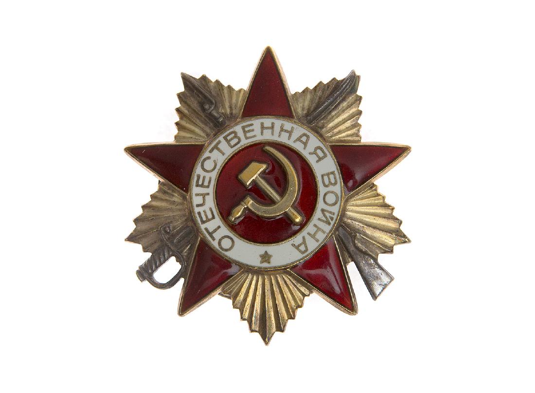 SOVIET ORDER OF THE PATRIOTIC WAR: 1) Order of the Patriotic War, 1st class, No.1261373. Sterling silver with gold plating and enamel. Excellent condition.; 2) Order of the Patriotic War, 2nd class, Type 3, No.4720033. Sterling silver 