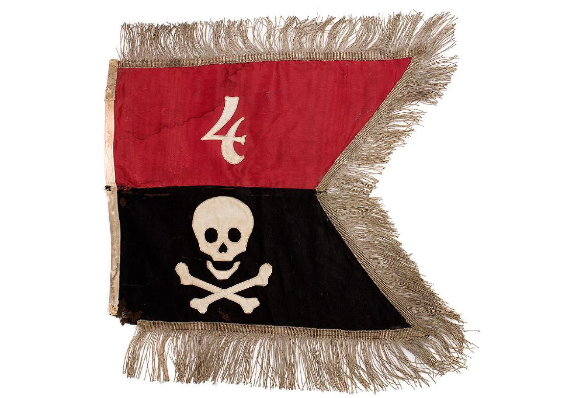 RUSSIAN CIVIL WAR KORNILOV FLAG: Rare Russian Civil War (1817 - 1822) Kornilov Regiment banner with skull and crossbones. Made of two-color red silk, ca. 1920
