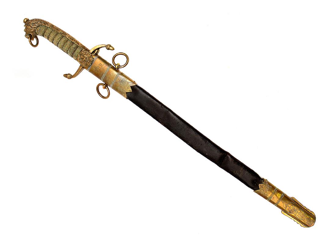 ENGLISH EDWARD VII NAVAL OFFICER'S DIRK DAGGER: Naval Officer's Dirk by Gieve Matthews & Seagrove Ltd. The etched blade with double edge spear point, gilt hilt, wire bound fish skin grip and bullion loop, leather and brass-mounted scabbard. Dimensi