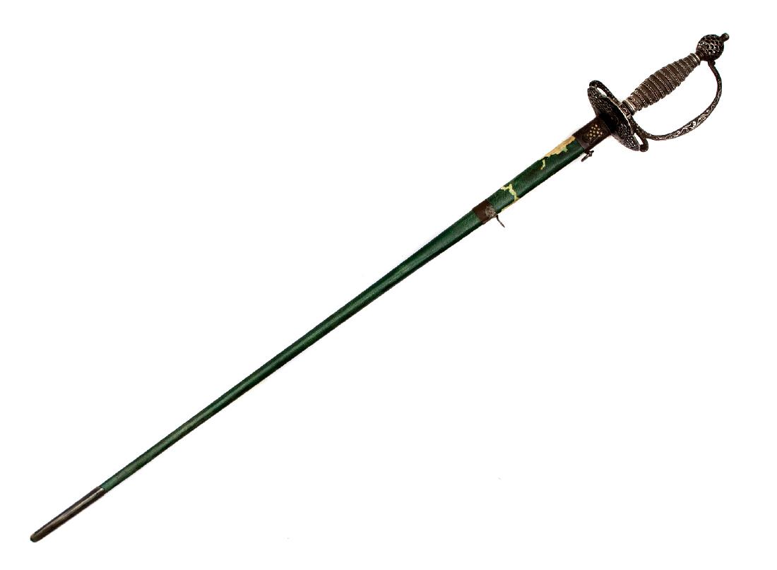 18TH C. ITALIAN RAPIER WITH PIERCED BLADE: Early 18th cen. Italian shortsword with beautiful pierced and chiseled steel hilt. Wooden grip wrapped in original steel flattened and twisted wire. Pierced pommel and guard. Double edged pointy pierc
