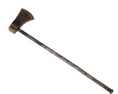 INDO-PERSIAN TABARZINE AXE: Persian Tabarzine or saddle axe. Heavy blade nicely chiseled with flowers and animal images and with gold inlay. Very good condition with slight pitting on the shaft. Dimensions: overall 24 in.