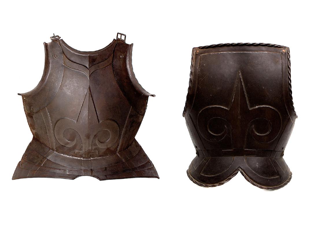 VICTORIAN BREAST AND BACK ARMOR PLATESÂ : A set of Victorian front and back armor plates with embossed Fleur-de-lis in the style of the 16th century.