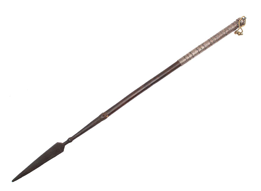CENTRAL ASIAN SPEAR WITH SILVER MOUNTS: Very nice Central Asian spear with cats iron spearhead and elaborate silver mount (butt) decorated with turquoise and cornelian stones. Original wooden shaft, first half of the 19th century.