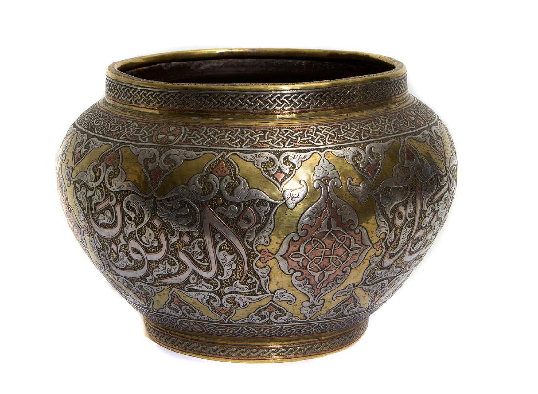 SYRIAN ISLAMIC BRASS VASE (CAIROWARE) W/ SILVER INLAY (1 of 3)