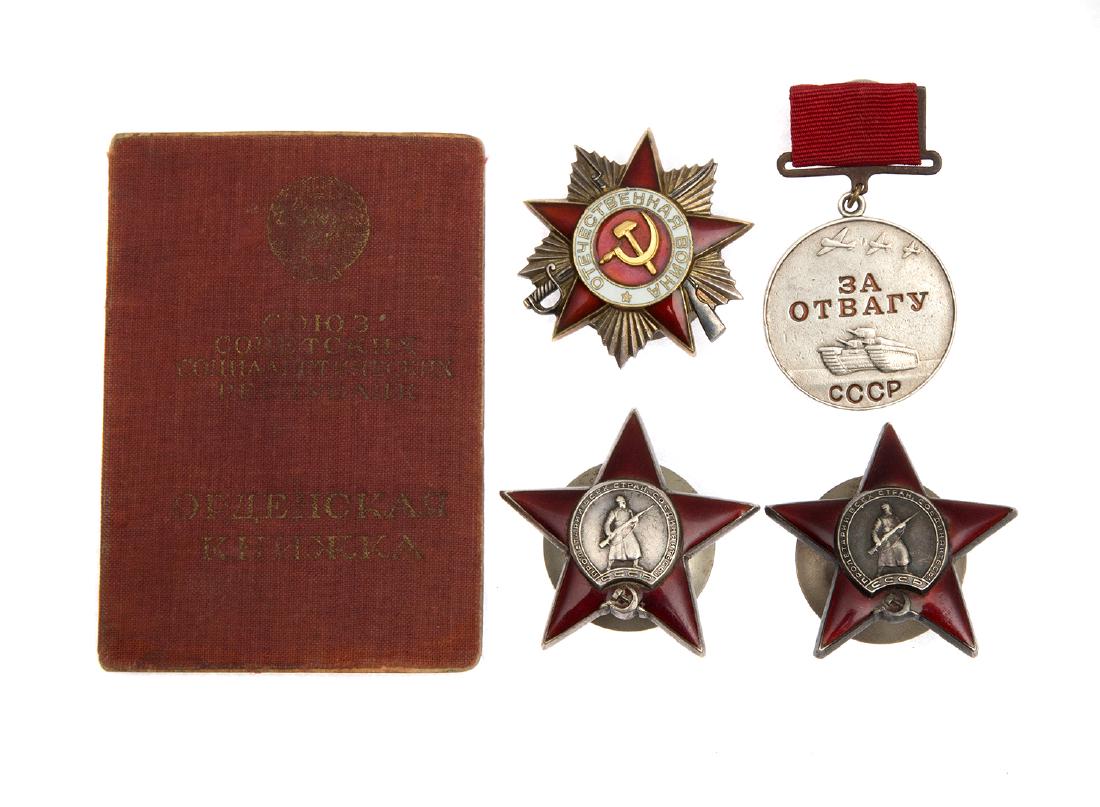 DOCUMENTED GROUP OF SOVIET AWARDS: Group of three Soviet orders and medal issued to Aleksandr Gromyhalov during the 2nd World War: 1. Order of the Red Star, No. 608640 2. Order of the Red Star, No. 1350402 3. Order of the Patriotic War