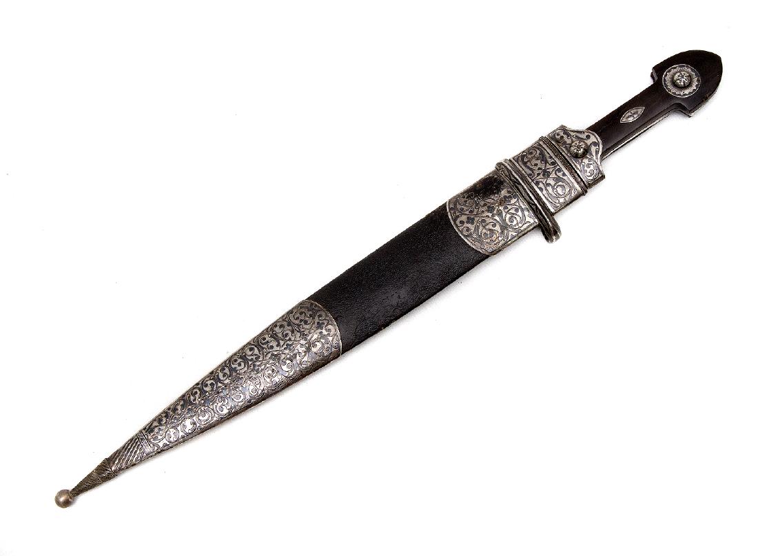 RARE ARMENIAN DAGGER WITH SILVER MOUNTS, 19TH C.: Very rare Armenian dagger, second half of the 19th century. Silver munts decorated with engraved floral motif finished with niello are typical for the Armenian silversmiths of the 19th century. Pointy