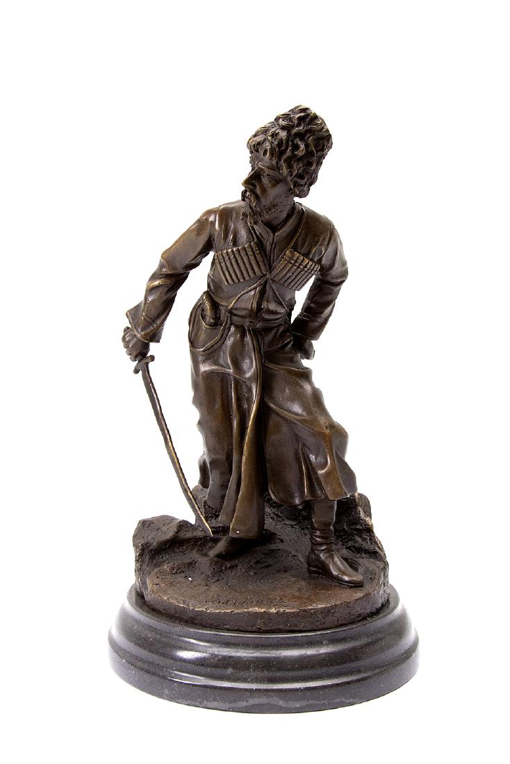 RUSSIAN BRONZE FIGURE OF COSSACK WITH SABER: Bronze figure of foot Cossack with drawn sword. The statue is marked with GRACHEV in Russian on the base. Dimensions: Height: 10 1/8 in. 25,5 cm