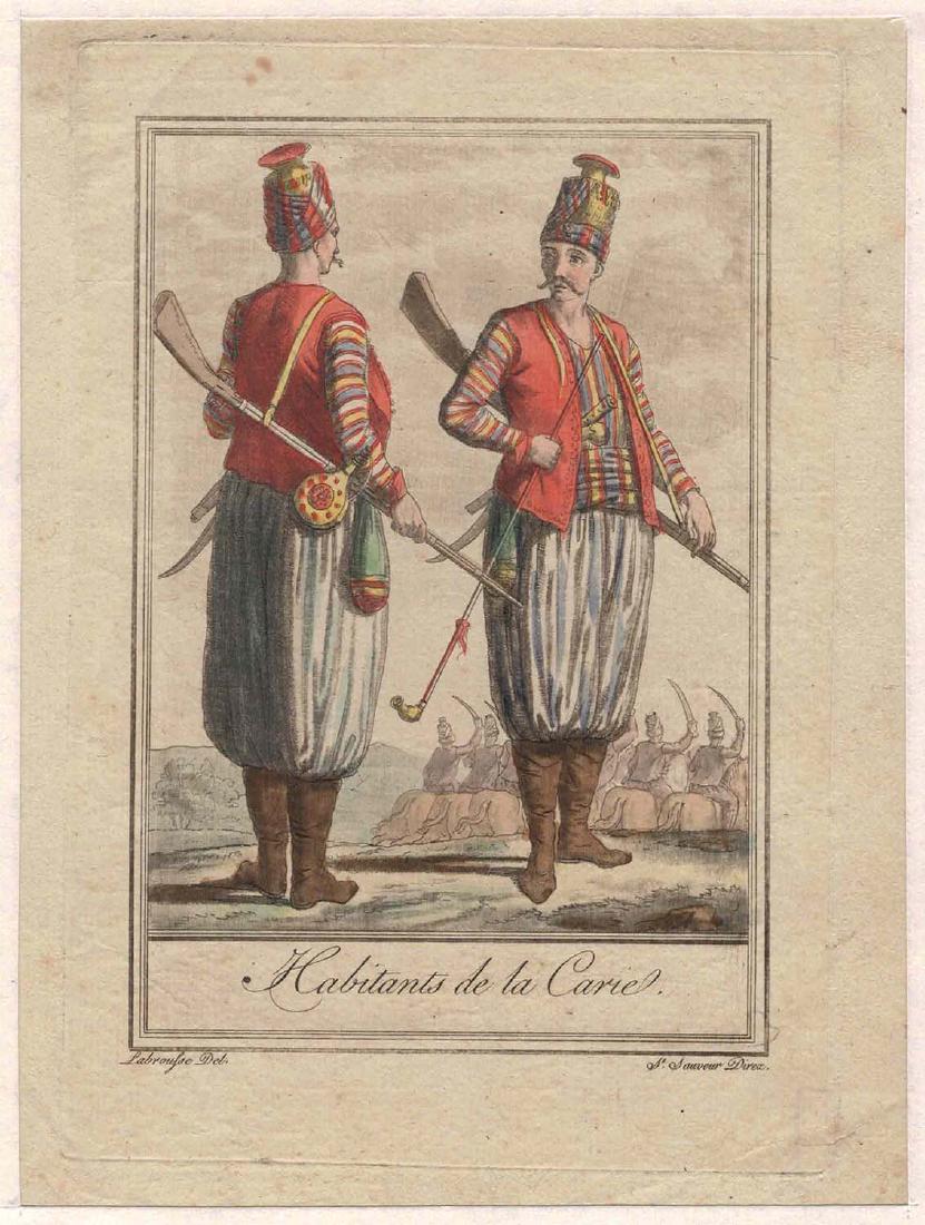 19TH CEN. COLOR LITHOGRAPHS OF CARIE: Costumes de Différents Pays, 'Habitants de la Carie' (The Caria is a historical region of south-western Asia Minor) Jacques Grasset de Saint-Sauveur (France, 1757-1810) Labrousse (France, Bordeaux, a