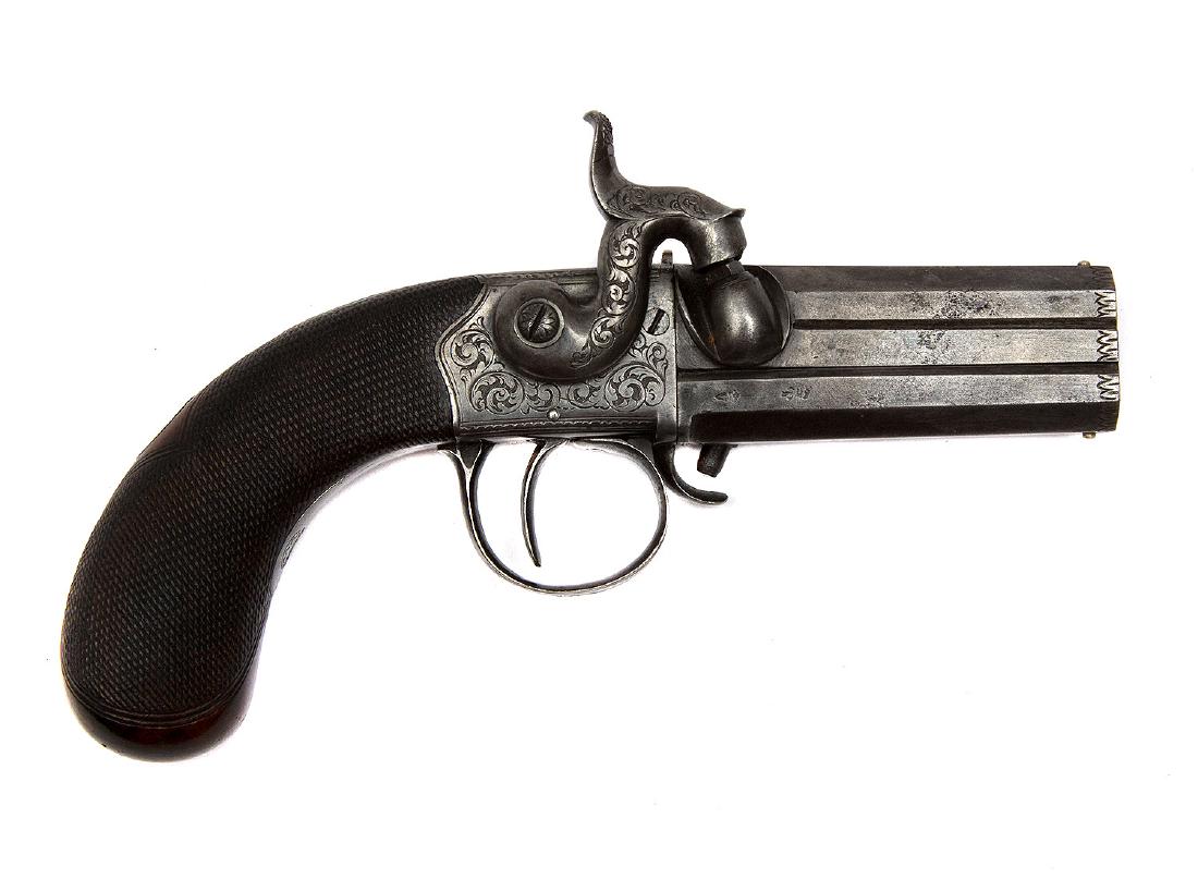 EUROPEAN OVER + UNDER SWIVEL BARREL PINFIRE REVOLVER: European double barrel swivel pistol, cal. 30. 2-1/4 in. L: 6 1/2 in., (16 cm.)