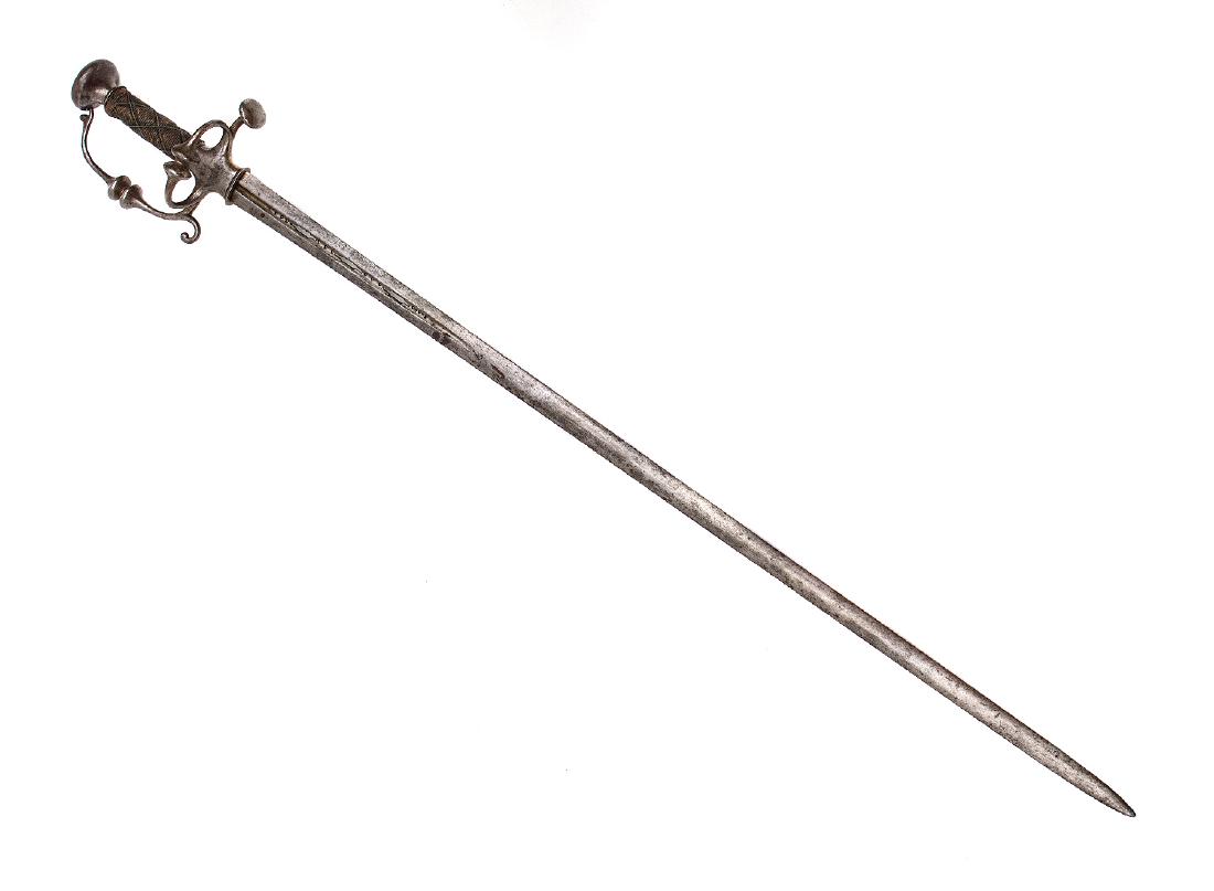 SWEDISH HORSEMAN'S SWORD OF THE THIRTY YEARS WAR: Iron hilt, crossguard with one quillion turned down and curved knuckle guard, pommel and crossguard terminals mushroom-shaped, grip is wrapped with fine copper, rapier blade, fuller pierced with alter