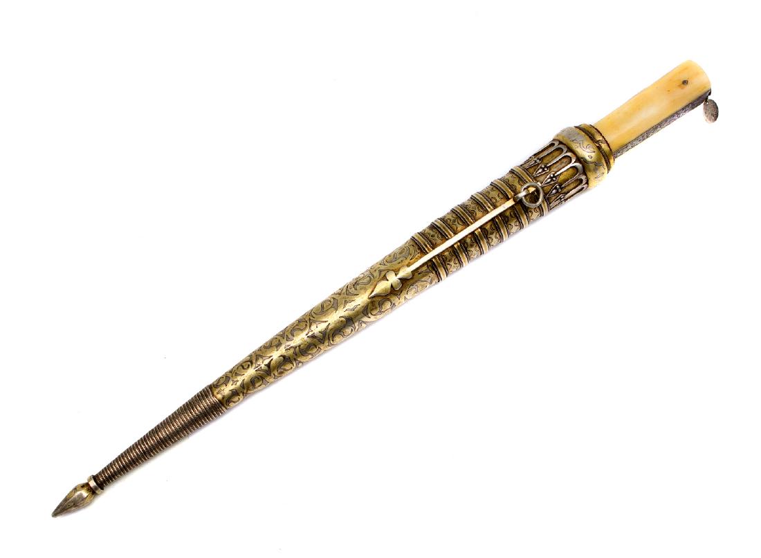 FINE SILVER MOUNTED CENTRAL ASIAN KARD DAGGER, 19TH C.: Fine 18th-19th cc. Central Asian nielloed kard dagger. Bone grip scales. Damascus blade with brass decoration at forte. A beautiful late 18th through early 19th cc. Typical for Bukharian gunsmiths fro