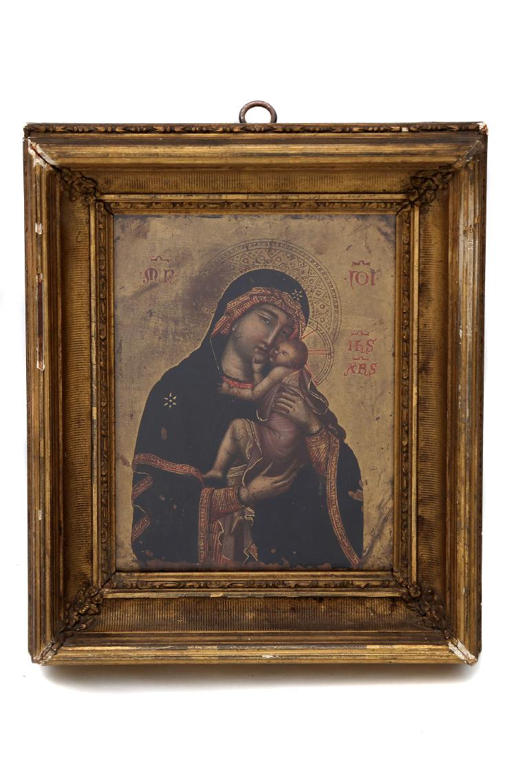 ICON OF CAMBRAI MADONNA, 19TH C.: Icon is tempera painted on tin metal, framed. Original icon is c. 1340 in Cambrai Cathedral, France. Dimensions: 9 1/2 x 8 in., (24 x 20 cm.)