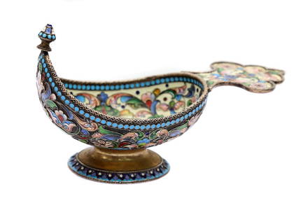 LARGE RUSSIAN GILT SILVER ENAMEL KOVSH, 19TH C.: Superb Russian gilt silver and enamel kovsh vessel with Impartial hallmarks. The hallmarks read as Moscow assayer with a female head looking left with two Cyrillic letters "IL" ("ИЛ")