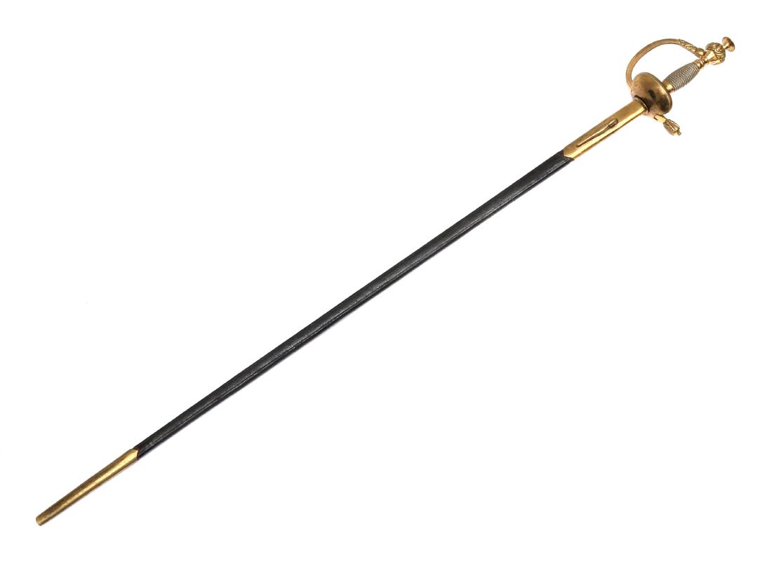 IMPERIAL GERMAN SWORD EPEE: Brass handle, straight blade etched on both sides and the rib, leather scabbard with brass mounts. 1890 to WWI period. Dimensions: L: 39 in., (99 cm.)