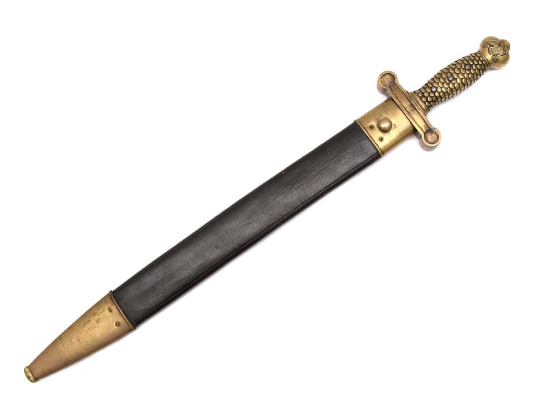 U.S. AMERICAN FOOT ARTILLERY SWORD, MODEL 1832: Grip and cross guard is one piece made of brass. The blade is stamped with an eagle over "N.P. AMES, SPRINGFIELD" on one side and "UNITED STATES 1839 WS" on the reverse. Cross guard and scabbard mount