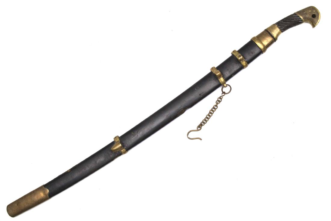 RUSSIAN SOVIET SHASHKA SWORD M 1927: Brass pommel (with USSR stamped on it) and ferule, wooden handle, slightly curved blade with false edge stamped on ricasso with inspection marks, production date 1938, and Zlatoust factory mark "ZIZ" 
