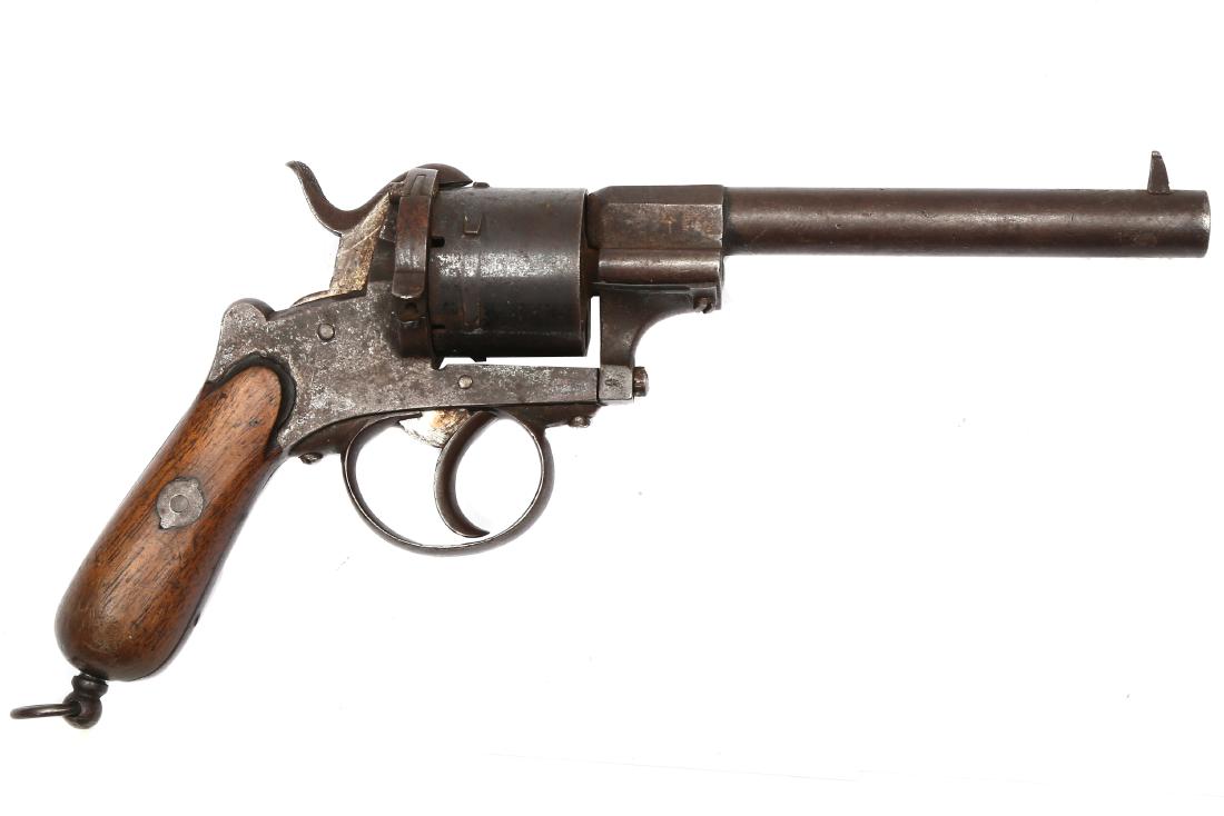 ANTIQUE BELGIAN 9MM PINFIRE REVOLVER, 19TH C.: Belgian 9mm. German 'U' mark, fair bore. Dimensions: 10 1/2 in., (26.5 cm.)