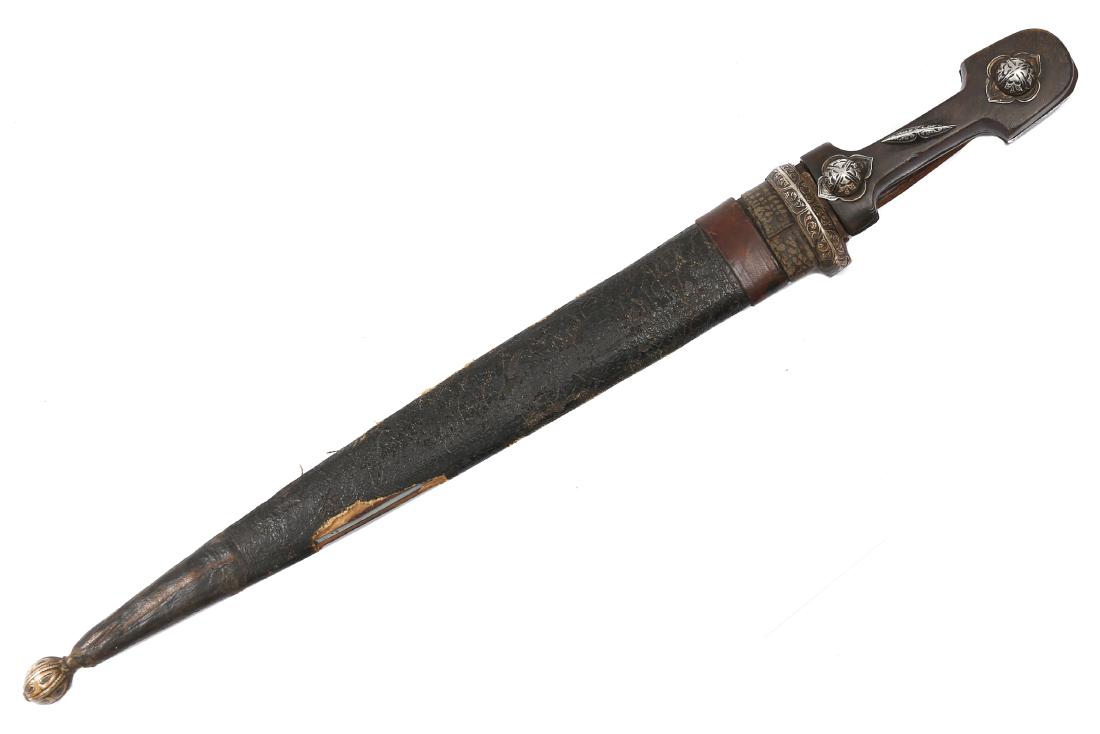 RUSSIAN COSSACK KKV KINJAL DAGGER: Original KKV (KKB) dagger with silver mounted sheath, ca. 1900. Blade is marked with etched Cyrillic letters KKV and Zlatoust Mfg. Dimensions: L: 18 7/8 in., (48 cm.)
