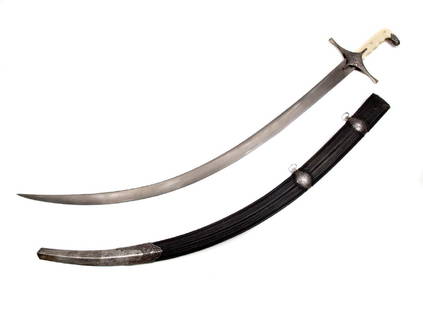 EXCEPTIONAL GEORGIAN SHAMSHIR SWORD, 19TH C.: Carved hilt scales, chiseled metal pommel and cross guard, wootz watered steel blade with gilded inlaid cartouche with Arabic inscription, scabbard covered with textured leather, chiseled steel mounts