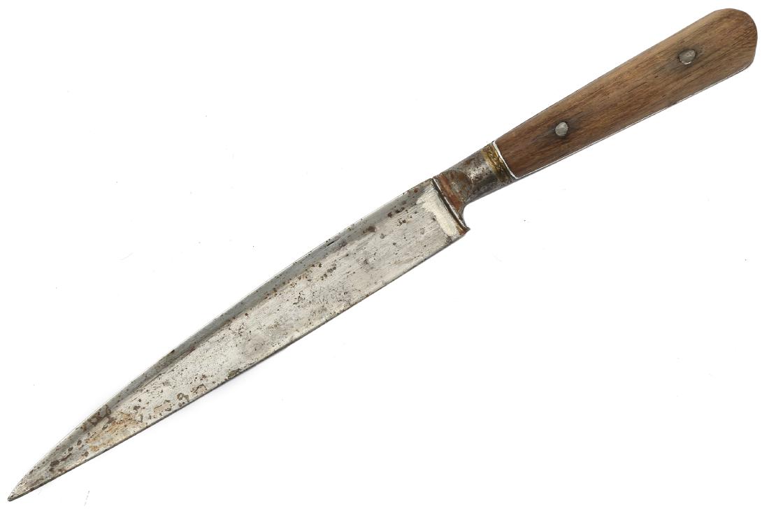 CENTRAL ASIAN BUKHARA KNIFE, 19TH C.: Wooden grip scales retained by two small pins, iron bolster with brass ring, single edged blade. Dimensions: L: 9 1/2 in., (24 cm.)