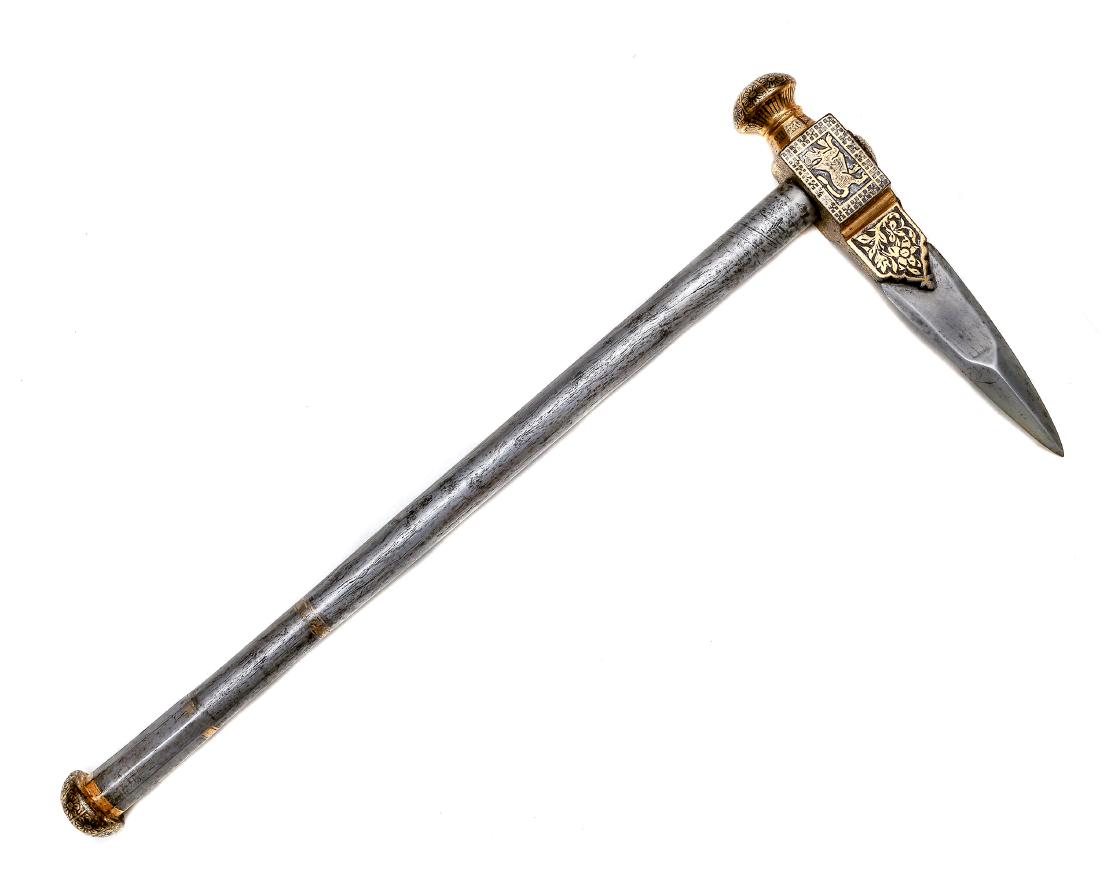 MUGHAL ZAGHNAL AXE, INDIA 18TH C.: Fine and rare war hammer with a pronounced thickened tip, head is decorated in fine koftgari with gold tigers and vines. Shaft is Damascus steel, octagonal in shape towards at the last 2 inches and de