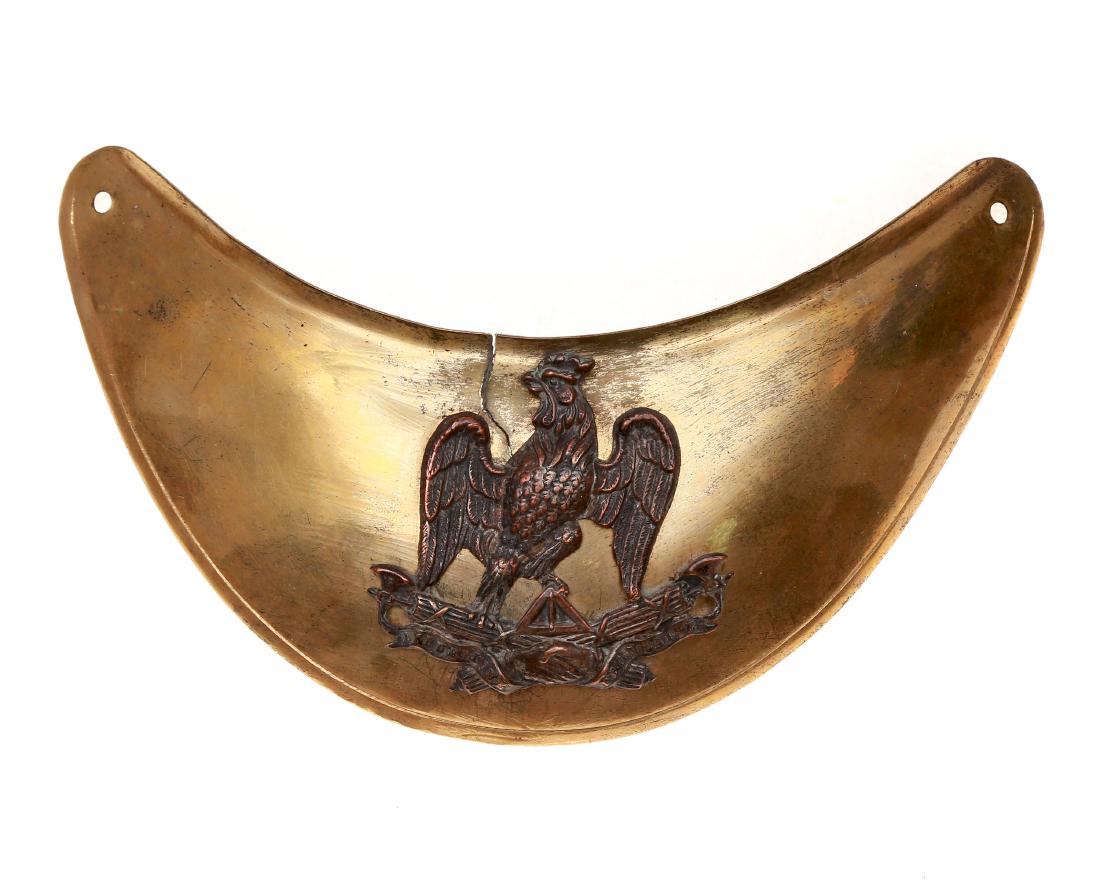FRENCH OFFICER BRASS GORGET LOUIS PHILIPPE PERIOD: Gorget of the National Guard officer (1830-1848), Louis Philippe period, brass rooster, small crack in the middle. Dimensions: L: 5 7/8 in., (15 cm.)