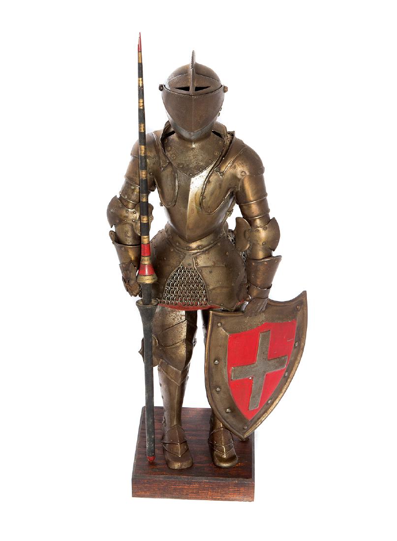 MINIATURE SET OF MEDIEVAL ARMOR, 19TH C.: Complete copy of full suit of armour with spear and shield bearing a cross on wooden stand. Dimensions: H: 18 in., (46 cm.)