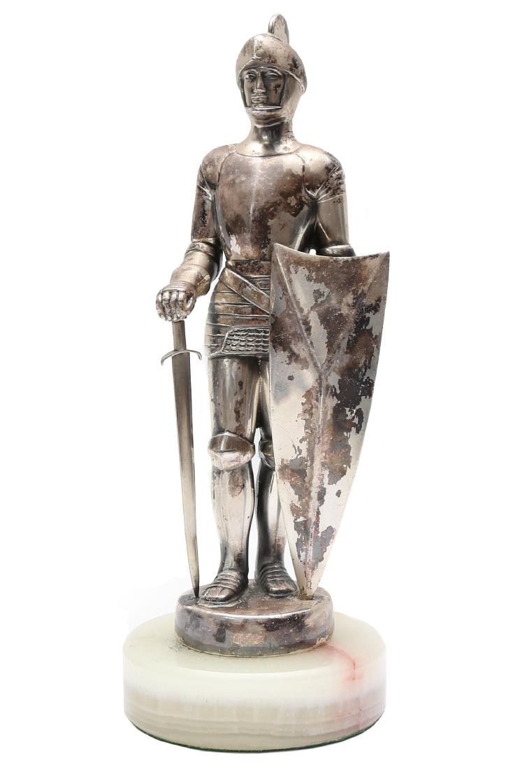 BRONZE SILVER PLATED KNIGHT, 19TH C.: French miniature knight in battle armor on a marble base. Dimensions: H: 9 1/2 in., (24 cm.) including base