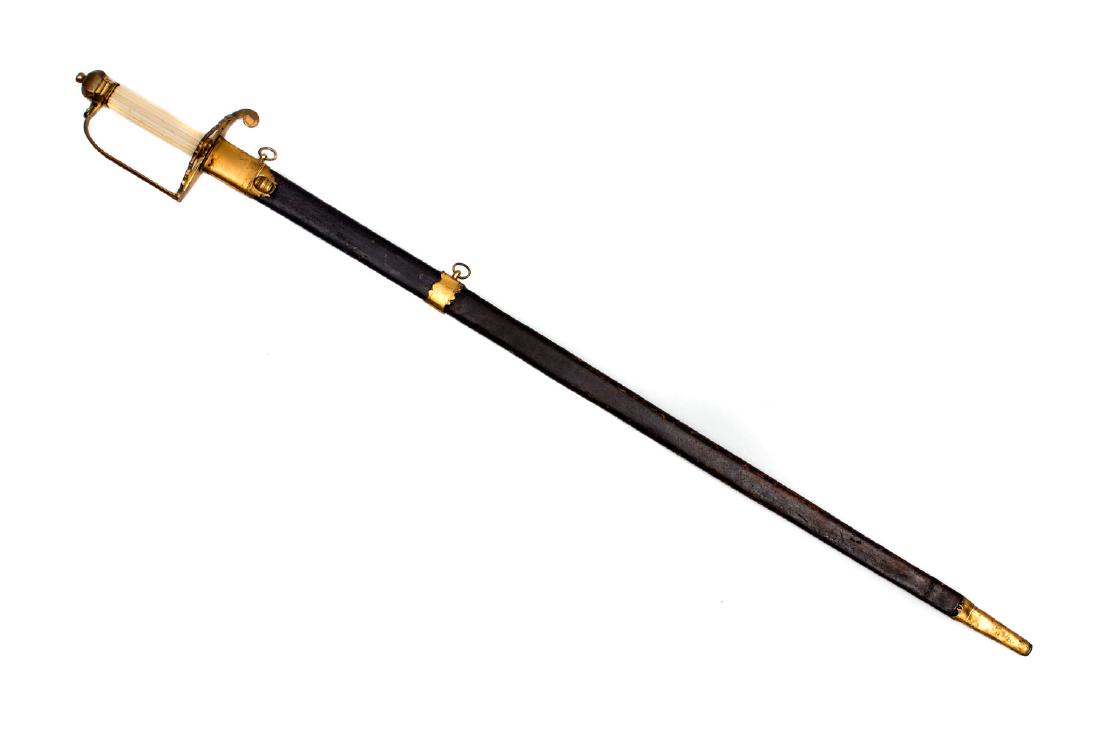 GEORGIAN OFFICER'S SPADROON BY JOHN BENNETT, JR.: Straight single edged blade with broad, full-length fuller and engraved above the hilt with the Royal crown and GR cipher. Gilt brass hilt comprising guard with downturned button quillon, undulating o