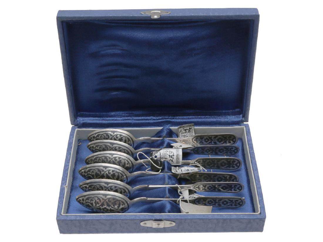 SET OF SIX CASED SOVIET SILVER AND NIELLO SPOONS (1 of 8)