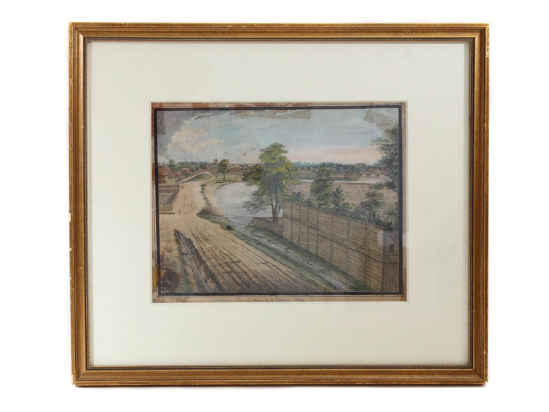 ST. PETERSBURG WATERCOLOR BY KARL KRAUSER: A 19th century watercolor depicting St. Petersburg, signed on the lower right, antique gilt frame. Dimensions: 19 1/4 x 16 1/2 in., (49 x 23 cm.)