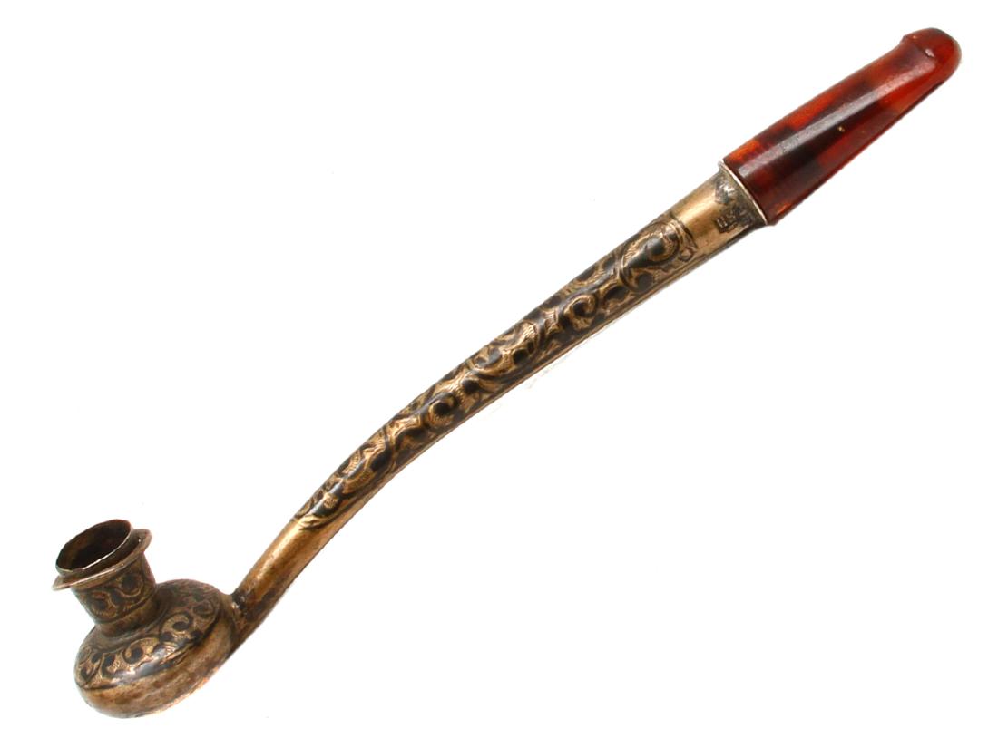 IMPERIAL RUSSIAN NIELLOED SMOKING PIPE W. AMBER (1 of 4)