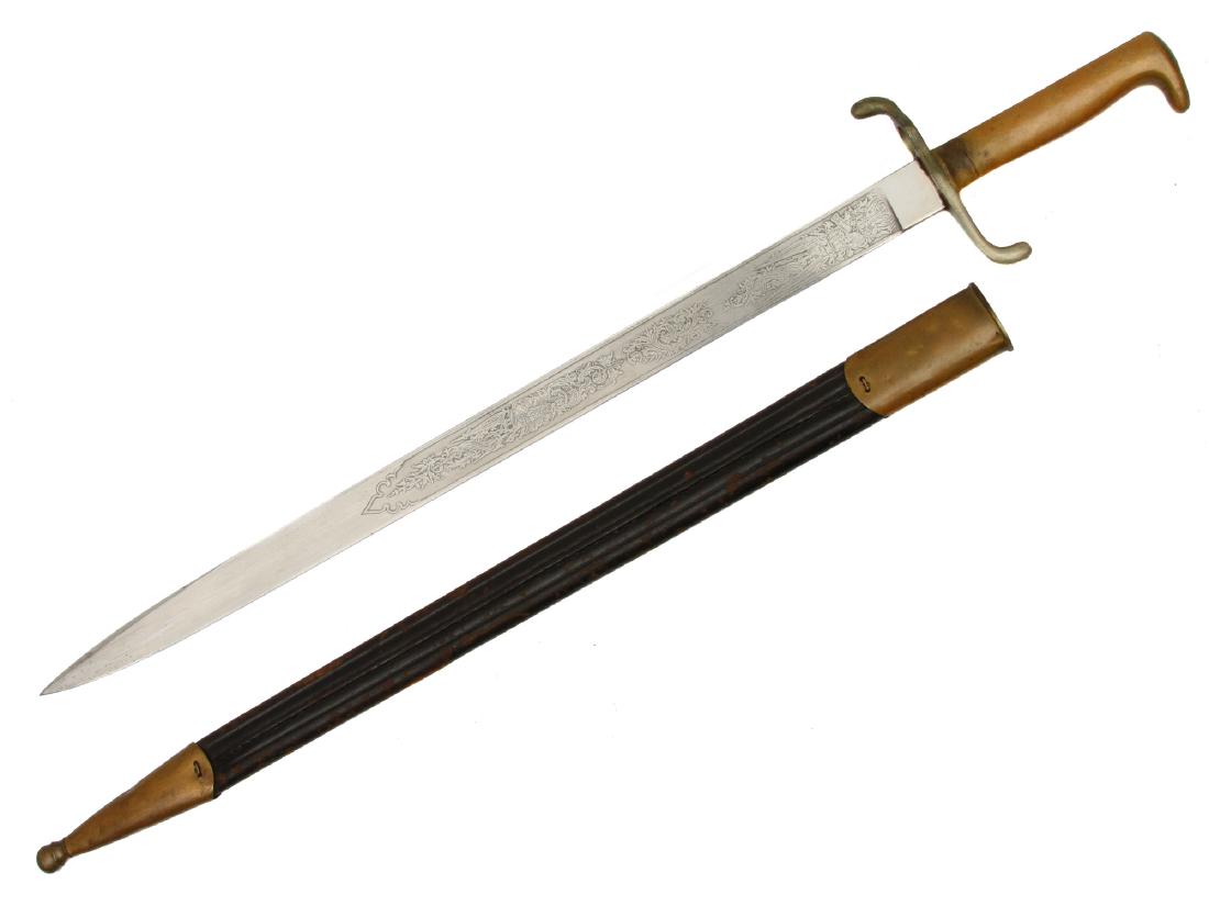 IMPERIAL GERMAN MODEL 1871 DRESS BAYONET: Privately purchase variant of the Imperial German Infanterie-Gewehr Rifle Bayonet (â€œWalking Outâ€ bayonet). Brass hilt ribbed on obverse and disabled mounting fixture. Blade with stamped with
