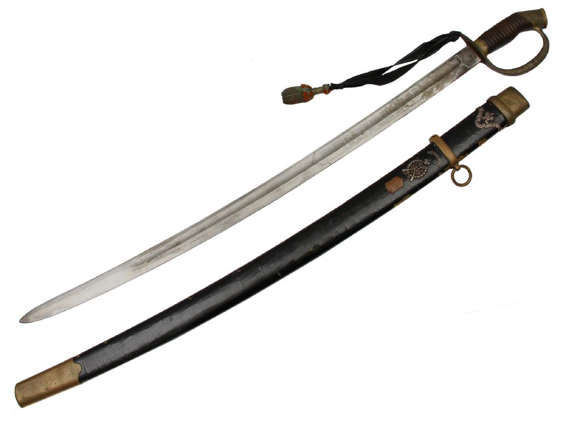 RUSSIAN IMPERIAL SHASHKA FENCING & SHOOTING AWARD: Brass hilt with ribbed composite handle, blade with stamped by the maker on the ricasso "C L Co." and "circled S". Etched Imperial Eagle, Cipher of Nicholas II, and award inscriptions in Cyrillic on b