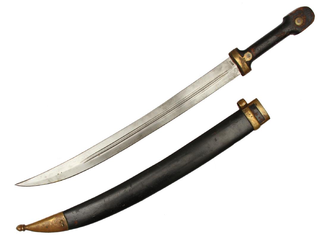 IMPERIAL RUSSIAN ARMY BEBUT, 19TH CEN.: Wooden grip scales with two brass rivets, curved double-edged blade marked by Zlatoust Factory and inspection marks on ricasso "A" and "A under crown", wooden scabbard wrapped with leather, brass moun