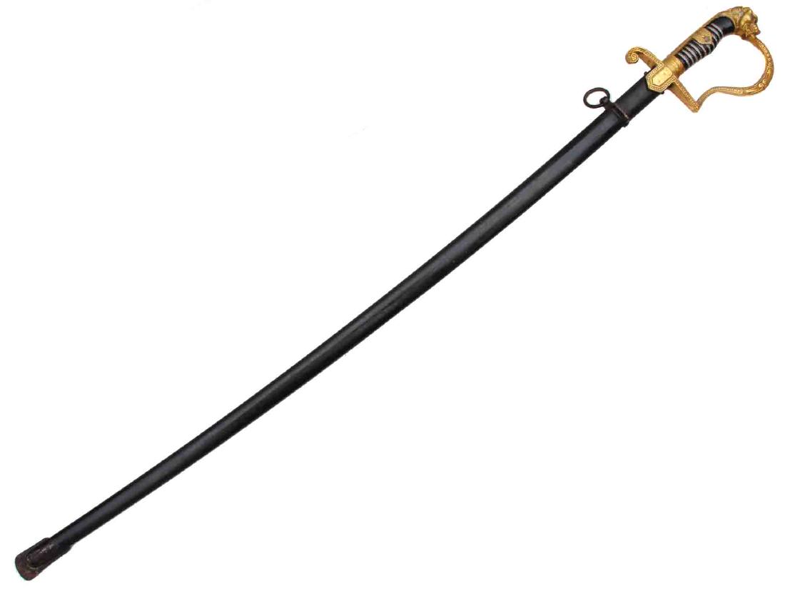 GERMAN ARMY OFFICER SWORD DEGEN EICKHORN SOLINGEN: Gilded hilt with lion head pommel with ruby red eyes insets, back strap and D-guard decorated with scrolls, cross guard shield bears German WWII eagle, composite handle wrapped with twisted wire, blad