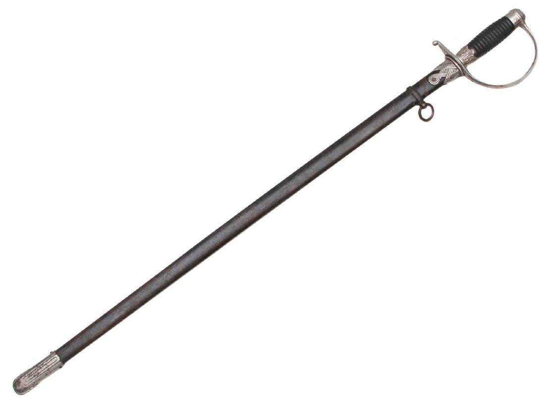 GERMAN SS OFFICER SWORD DEGEN BY HOLLER SOLINGEN: A German police officer's sword with ebony ribbed grip with eagle inset, D-shaped guard, pommel with SS runes, oak leaves shaped ferrule, blade is marked by F.W. HOLLER SOLINGEN, metal black painted s