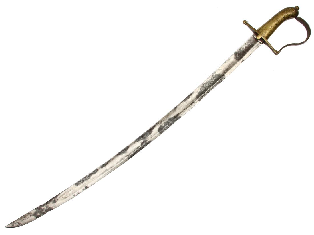 19TH CENTURY ENGLISH INFANTRY SWORD: Brass hilt with D-shaped guard stamped with regiment number "3B.10C.4.", curved blade with wide fuller on each side, large rust spots on the blde. Dimensions: L: 34 1/4 in., (87 cm.)