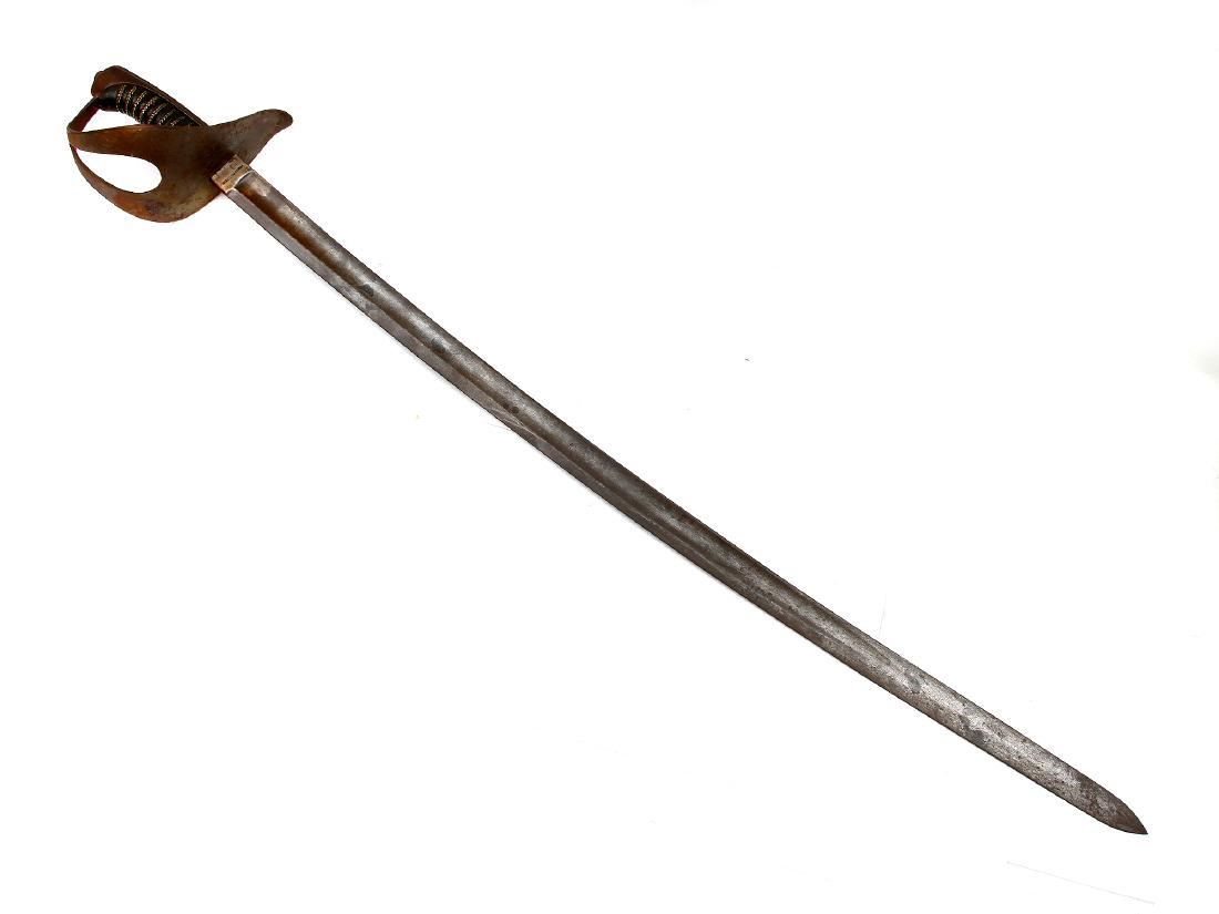 DANISH M1843 DRAGOON REGIMENT SWORD: Marked at the forte by "FrederiksvÃ¦rk" the danish weapons factory and date 1850. The spine is stamped with "BGC" - Den Bestandige GevÃ¦rcommision is the quality control mark. This sword was used 