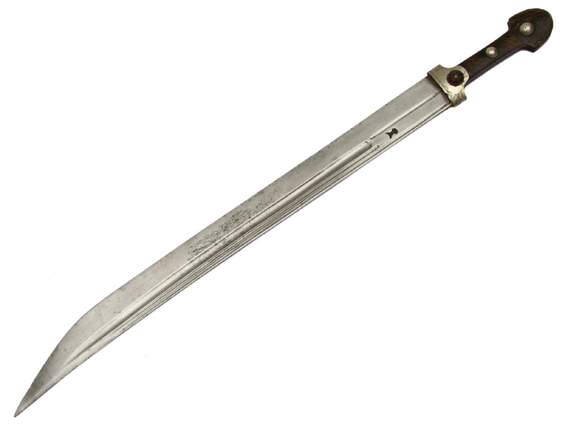 PERSIAN ISLAMIC QUADARA SWORD, 19TH C.: Wooded grip scales retained by two plain rivets and ornate rosette, low grade engraved silver band, a massive singled-edged blade with deep-stamped makers mark (tugra). No scabbard Dimensions: L: 31 1