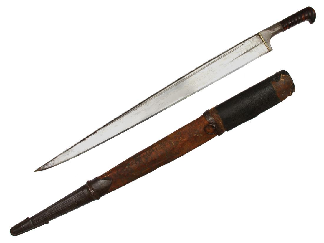 AFGHAN KHYBER KNIFE SALWAR YATAGAN SWORD,19TH C.: Iron hilt with ribbed horn scales secured by pins, single-edged blade with t-shaped rib decorated with chiseled lines, original leather covered wooden scabbard with chiseled iron mounts. Dimensions: L