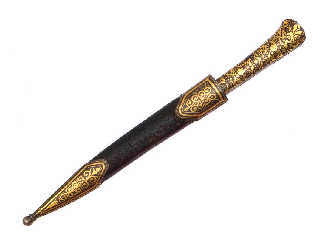 GILT PERSIAN ISLAMIC DAGGER KNIFE, 19TH C.: Single-edged blade, steel hilt richly gilded, wooden leather covered scabbard with steel gilded mounts. Dimensions: L: 11 1/8 in., (29.5 cm.)