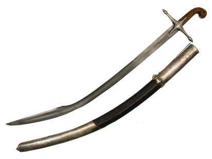 ISLAMIC OTTOMAN EMPIRE TURKISH KILIJ SWORD: Featuring a Damascus steel pattern blade with pronounced yalman, silver crossguard and mounts, original scabbard stitched leather. Horn grip with silver spine. Dimensions: L: 36 in., (91.5 cm.)