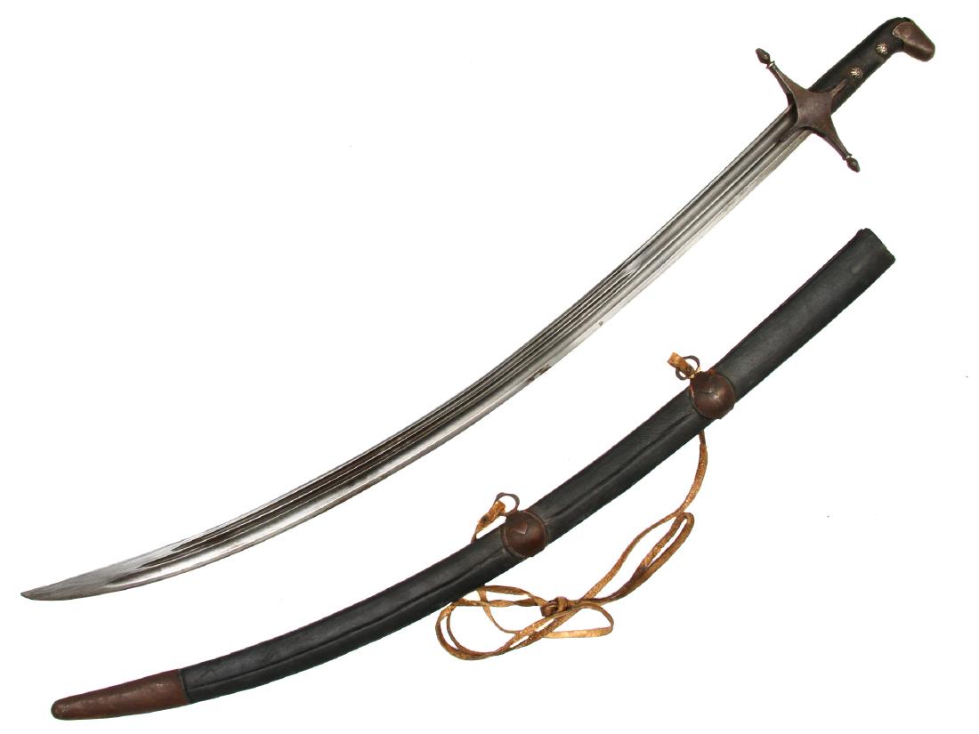 PERSIAN ISLAMIC SHAMSHIR SWORD, 19TH C.: Iron pommel and cross guard, black leather covered hilt with and two rosettes, curved blade with deep fullers. wooden scabbard covered with leather with iron fittings, and leather lanyard. Dimensions: