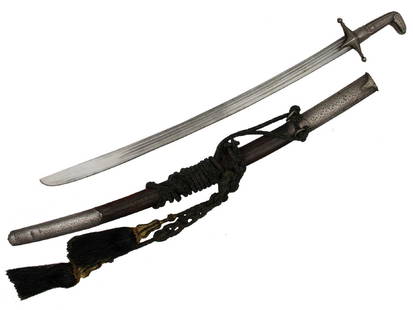 SAUDI ARABIAN SAIF SWORD IN SILVER MOUNTS: Silver mounted hilt and scabbard fittings richly decorated throughout with floral scrolls and motifs, slightly curved single-edged blade with two narrow and one wide fullers, wooden scabbard covered w