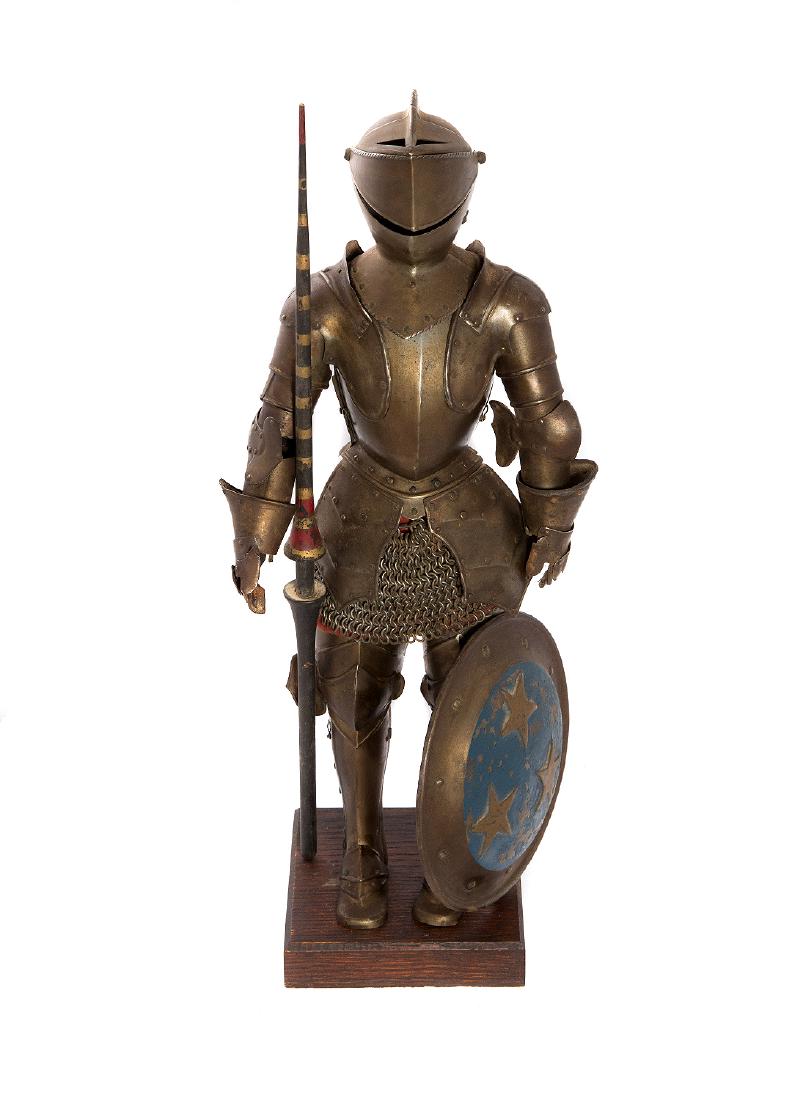MINIATURE SET OF MEDIEVAL SUIT OF ARMOR, 19TH C.: Complete copy of full suit of armor with spear and round shield on wooden stand, ca. 19th century. Dimensions: H: 18 in., (46 cm.)