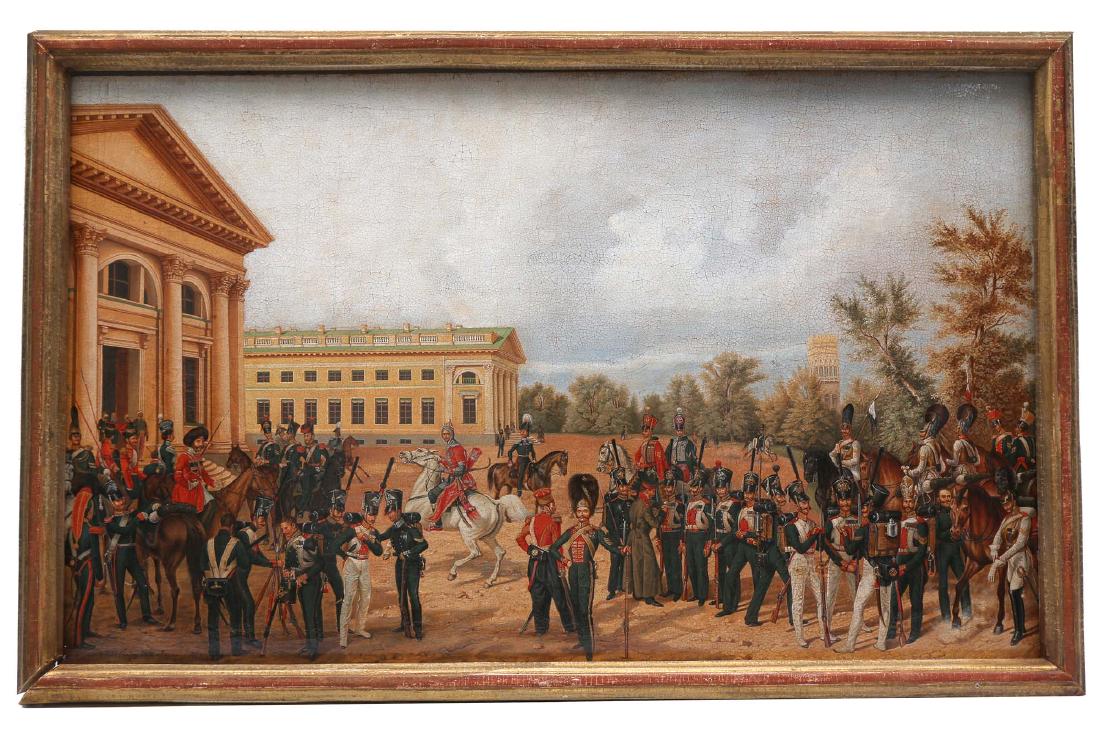 PRESENTATION IMPERIAL RUSSIAN ARMY PAINTING: Imperial Russian painting on wooden board issued as a gift for military service. The painting features Russian Life Guard officers and HIM Cossack convoy on a square. The back features Russian Imperia