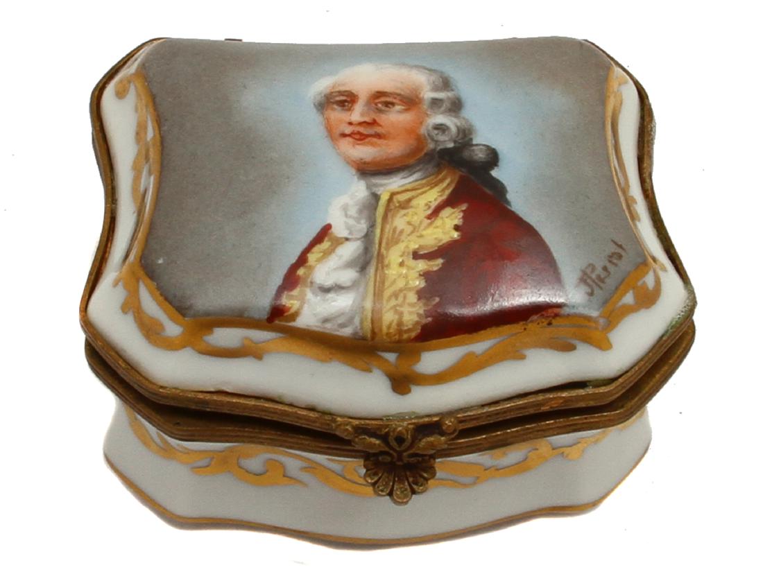 AUSTRIAN HAND PAINTED PORCELAIN BOX W. MINIATURE: An elegant Austrian porcelain and enamel box depicting Austrian nobility in the 18th century costume on the lid. Dimensions: 3 x 2 3/4 x 2 1/8 in., ()