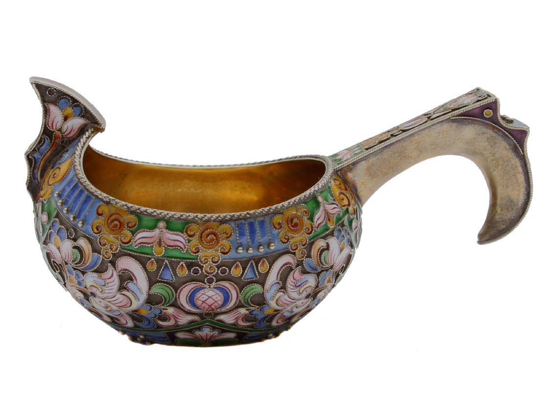 RUSSIAN IMPERIAL 84 SILVER GILT AND ENAMEL KOVSH: Antique Russian silver gilt and polychrome cloisonnÃ© enamel kovsh oval shape with scrolling, floral, and beading designs. Rope-like rim. Gilt interior. Hallmarked "ÐŸ.O." (in Cyr.), "84" silver s