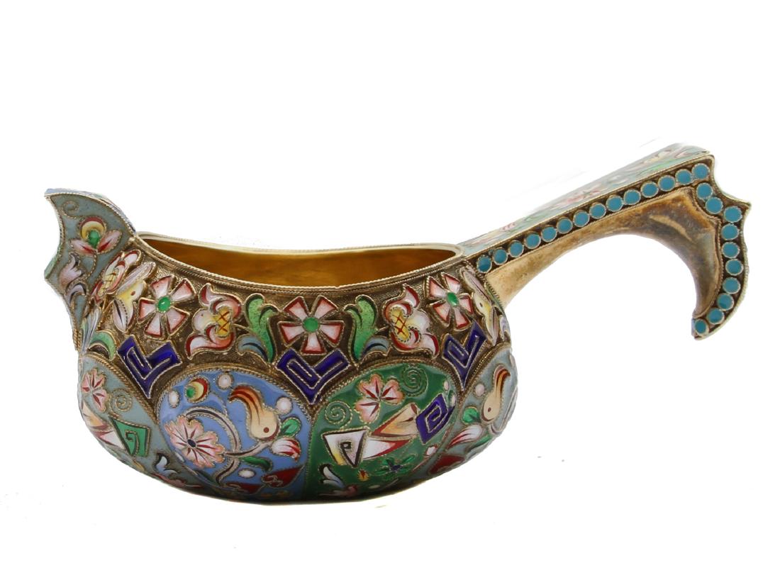 A RUSSIAN 88 SILVER GILT AND ENAMEL KOVSH: Antique Russian silver gilt and polychrome cloisonnÃ© enamel kovsh* has shell shape with scrolling and floral designs. Gilt interior. Hallmarked "Ð¤.Ð ." (in Cyr.) and "88" silver standard on bo